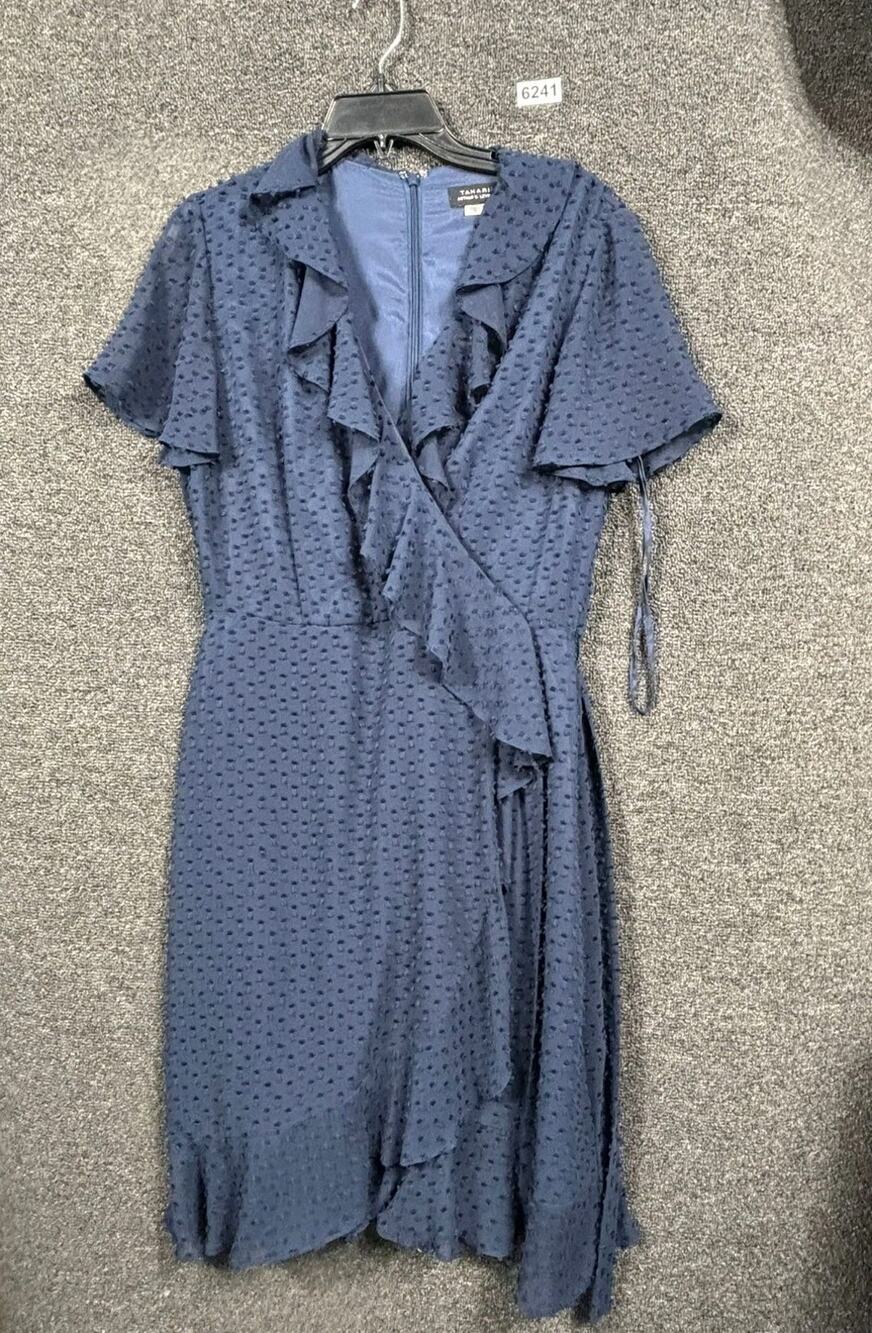 Tahari Faux Wrap Dress Womens Size 10 Blue Ruffle Front Belted Short Sleeve